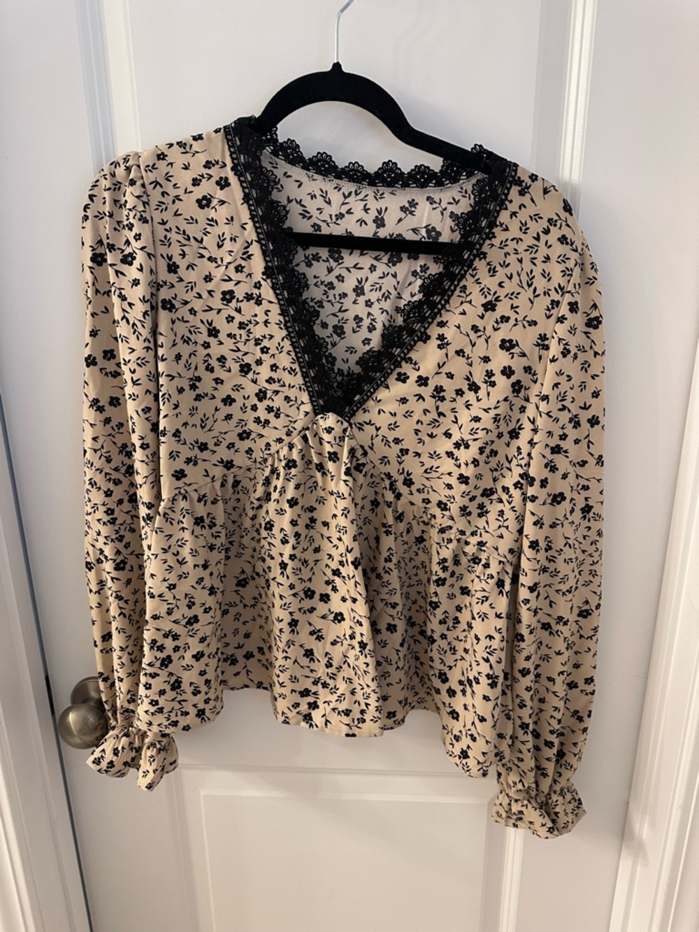 SHEIN Cream Blouse with Black Floral Print & Lace V-Neck